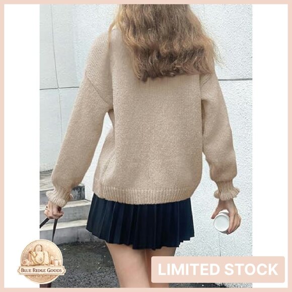 Oversized Ribbed Knit Cardigan Ruffle Neckline Open Front Chic Fall Sweater - Picture 6 of 8